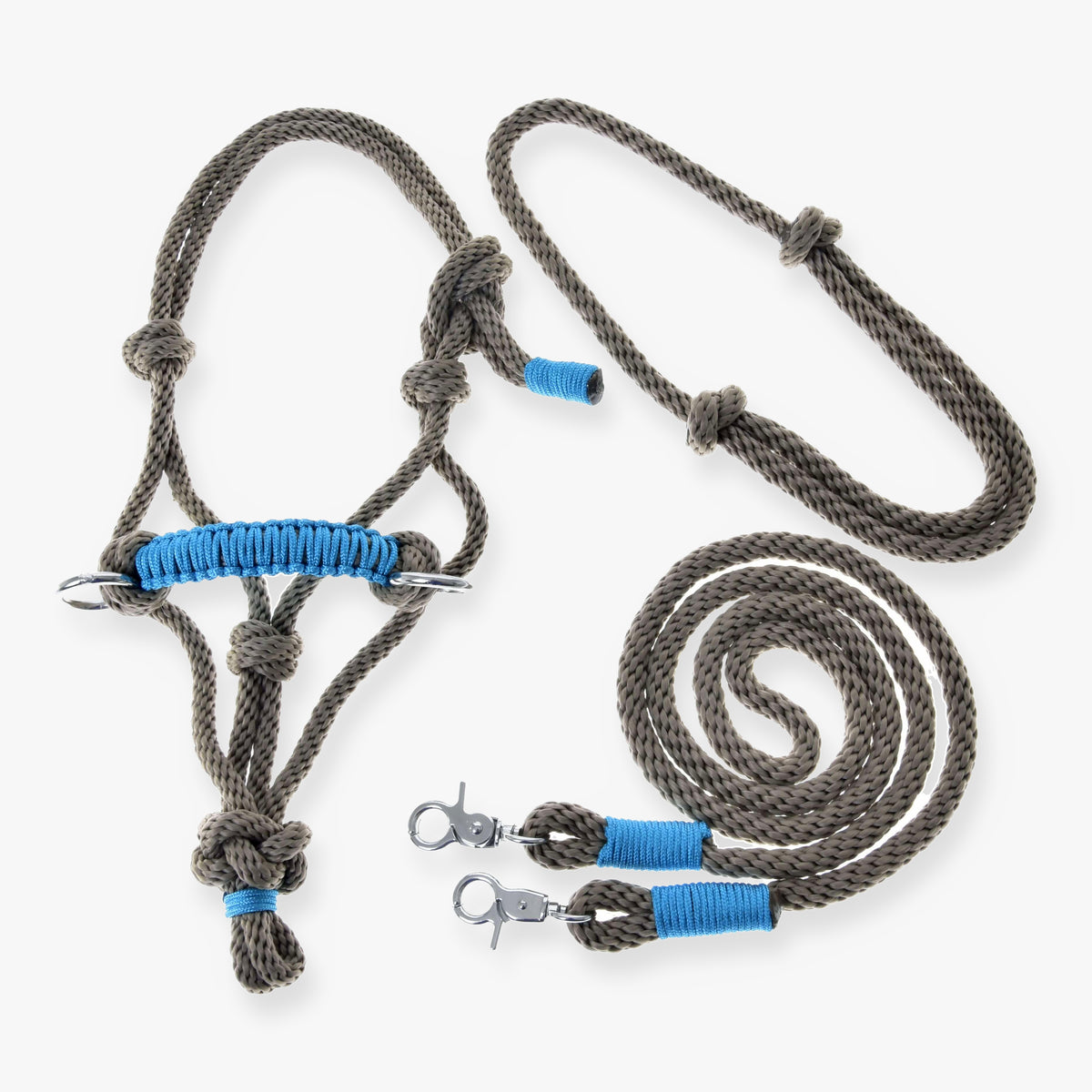 Hobby Horse Rope set Nature Blue by LarDen: taupe rope halter with blue braided noseband, neck ring and reins with blue wraps