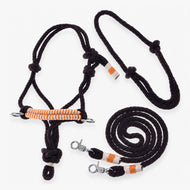 Hobby Horse Rope set Orange by LarDen: dark brown rope halter with orange and cream braided noseband, neck ring and reins