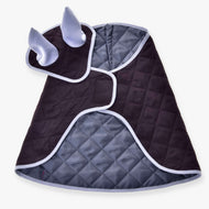 Hobby Horse Set Purple by LarDen, dark purple quilted blanket and ear bonnet with grey trim, opened to show grey lining