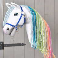 Hobby Horse Rainbow New by LarDen, a white plush head with blue eyes, royal blue halter and a long rainbow yarn mane