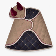 Hobby Horse Set Roma by LarDen, beige quilted blanket with navy lining and ear bonnet with burgundy ears