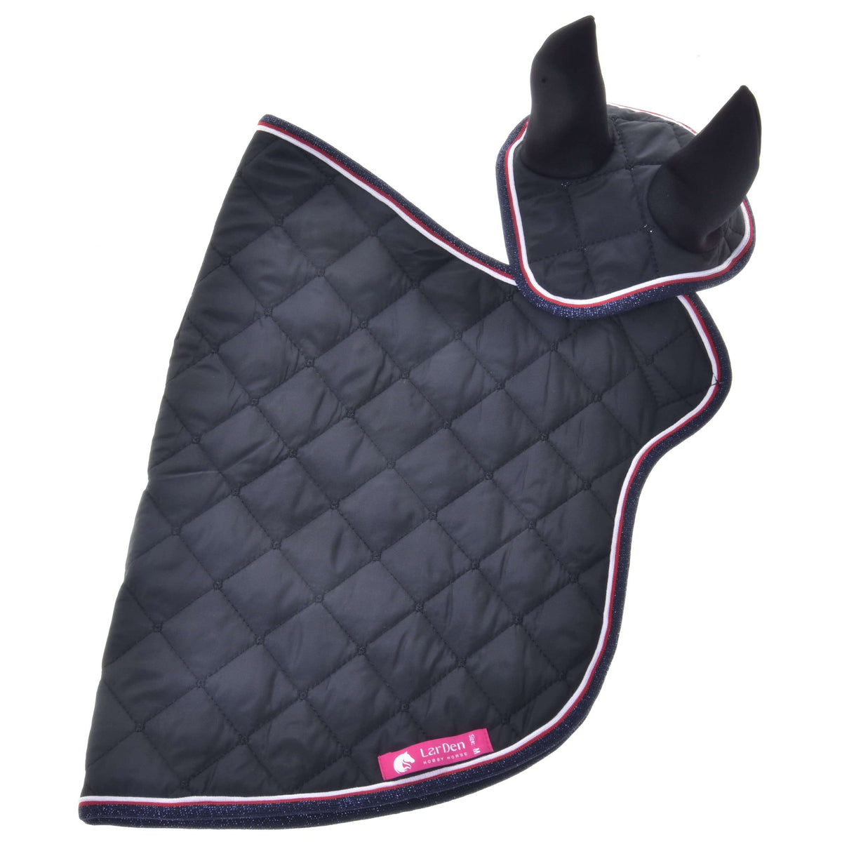 Black quilted blanket laid flat with the ear bonnet at the neck, striped red and white trim and pink LarDen label