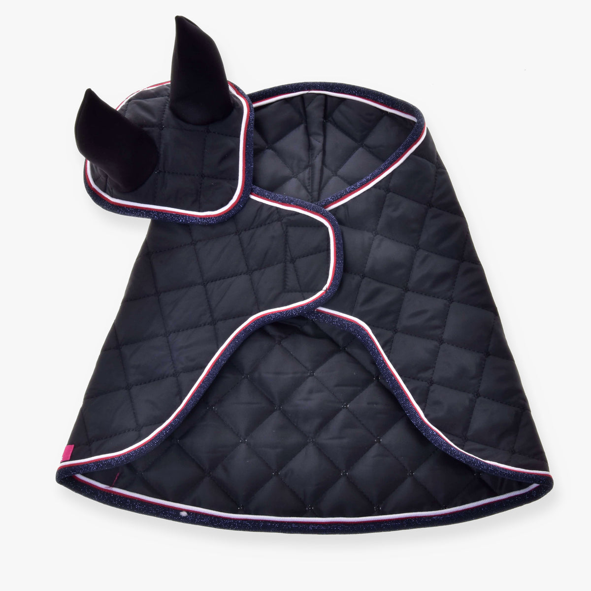 Hobby Horse Set Royal by LarDen: black diamond-quilted blanket and ear bonnet with navy, red and white trim