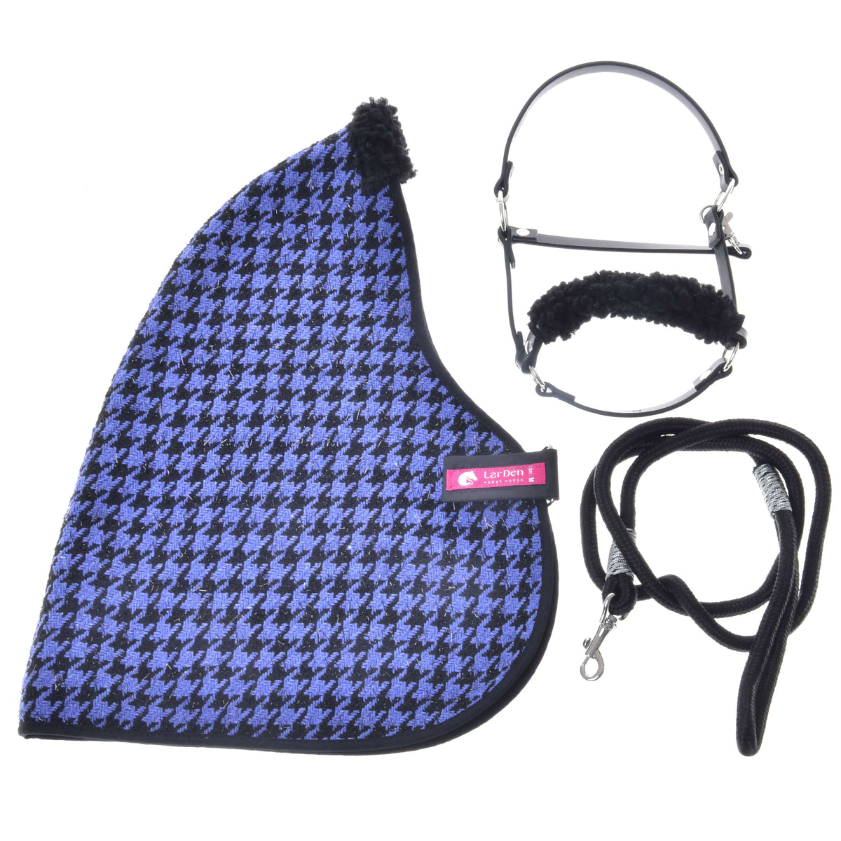 Hobby Horse komplet Harmony Blue LarDen: modro-črno pregrinjalo z vzorcem pepita, črn povodec in črna oglavka s krznom
