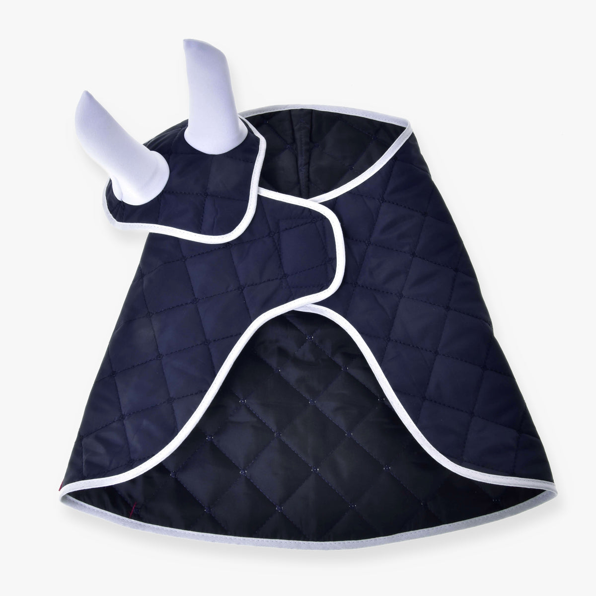 Hobby Horse Set Monte by LarDen: navy diamond-quilted blanket and ear bonnet with crisp white binding and white ears