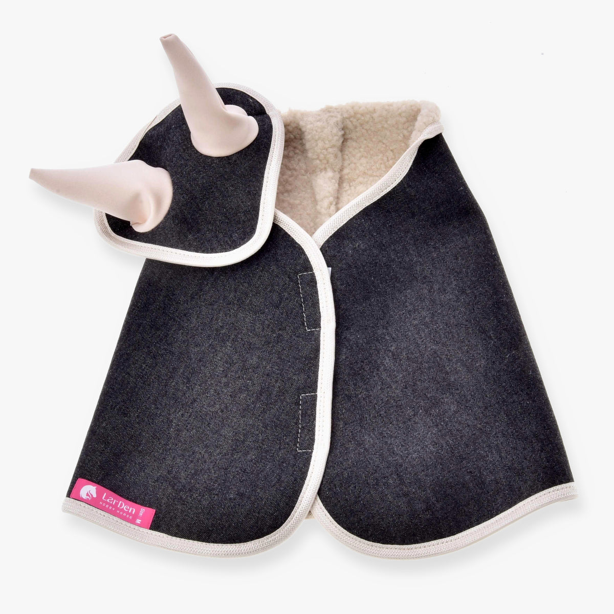 Hobby Horse Set Blue Denim by LarDen: dark denim blanket and ear bonnet with beige sherpa lining and cream trim