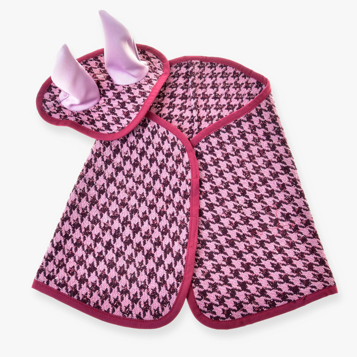 Hobby Horse Set festive Bordeaux by LarDen, pink and burgundy houndstooth blanket and ear bonnet with light pink ears