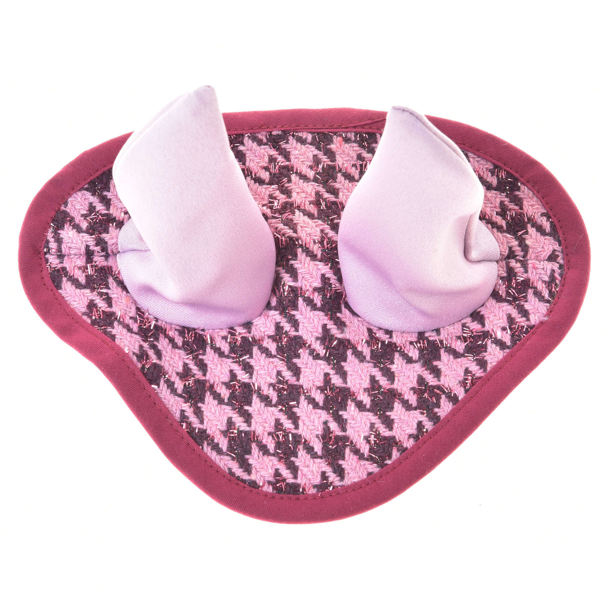 Houndstooth ear bonnet from the Set festive Bordeaux with light pink ears, glitter thread and burgundy binding
