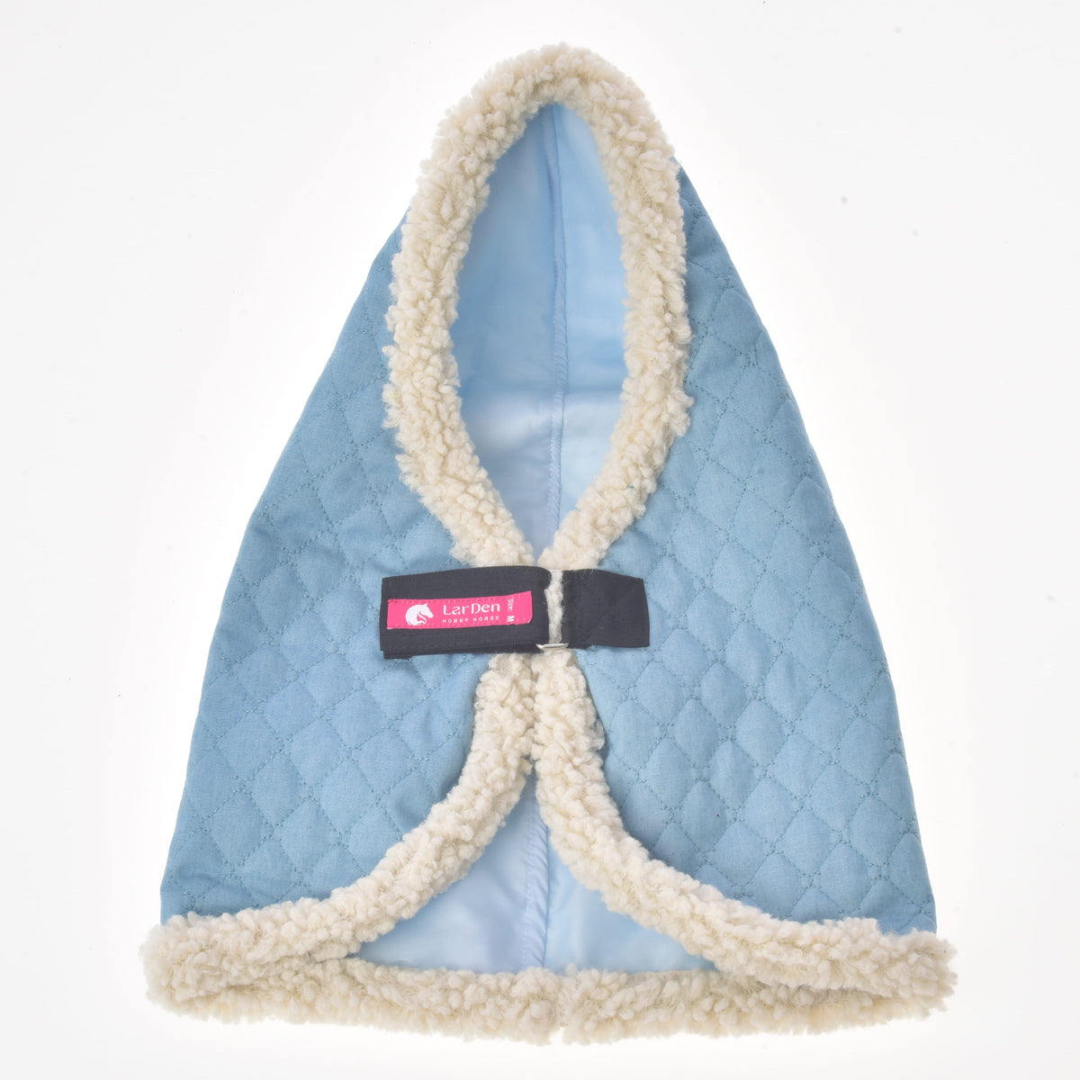Stable Blanket Sky Blue for Hobby Horse laid open at the front, with fleece edging, pale blue lining and the LarDen label