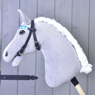 Bridle with 2 headbands turquoise by LarDen on a grey Hobby Horse, with a turquoise triangle-pattern browband