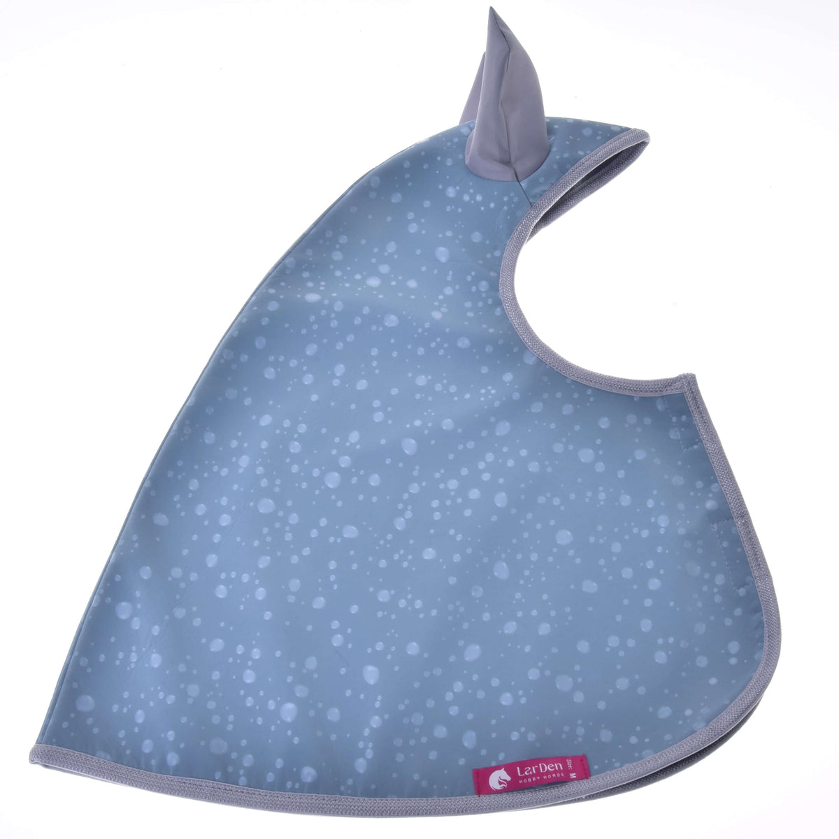 Hobby Horse Raincoat Blue Drops laid flat on white: blue-grey with pale drops, grey ear, grey edging and pink LarDen label