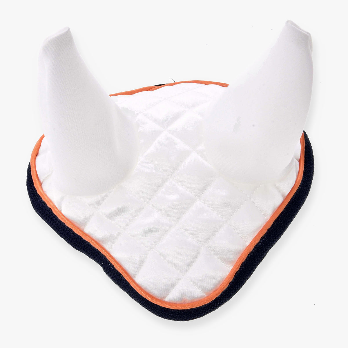 Hobby Horse naušniki Speedy znamke LarDen iz belega prešitega satena z belimi prevlekami za ušesa, oranžnim paspulom in temno modro obrobo