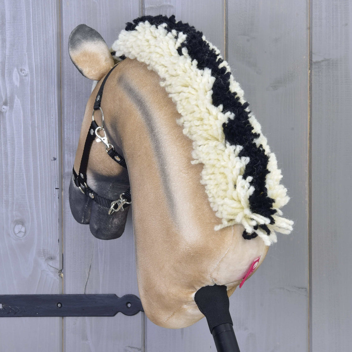 Hobby Horse Colby od zadaj: črna sredinska proga poteka skozi kremno grivo
