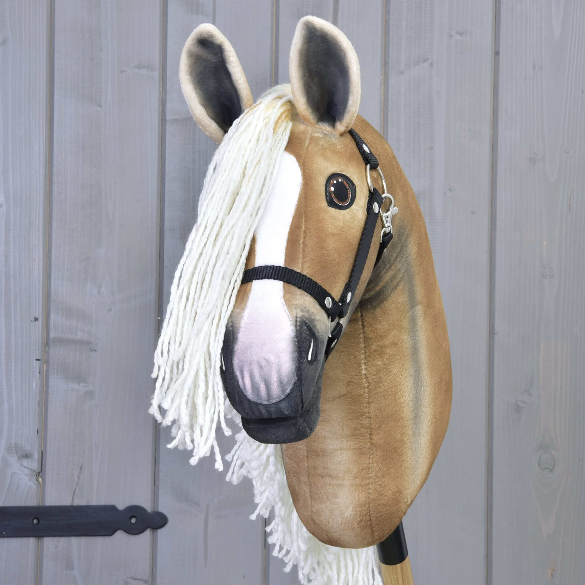 Pogled od spredaj na zlatorjavega Hobby Horse konja z belo liso, roza nosom, kremnim čopom in črno oglavko