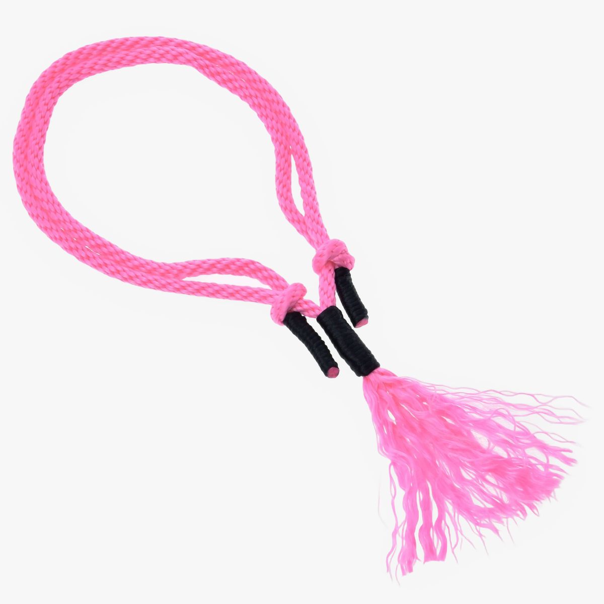 Hobby Horse Cordeo Pink Festive by LarDen, a bright pink braided rope neck ring with black wrapped ends and a tassel