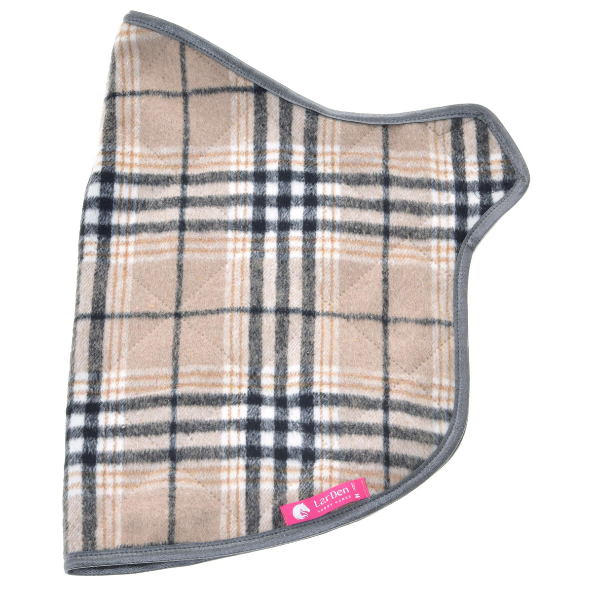Beige check blanket laid flat with black, white and tan stripes, grey binding and a pink LarDen label