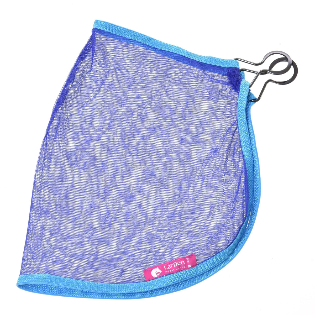 Hobby Horse Fly sheet folded in half, sheer blue mesh with light blue edging, metal clasp and pink LarDen label