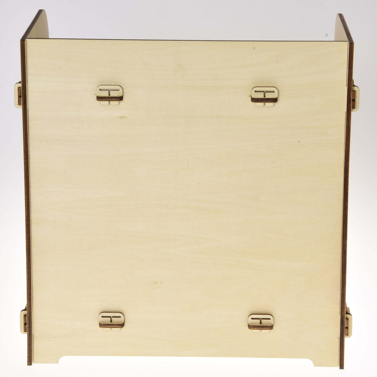 Back of the Stable for 2 Hobby Horses: a plain light plywood panel held by four slot-in wooden connectors