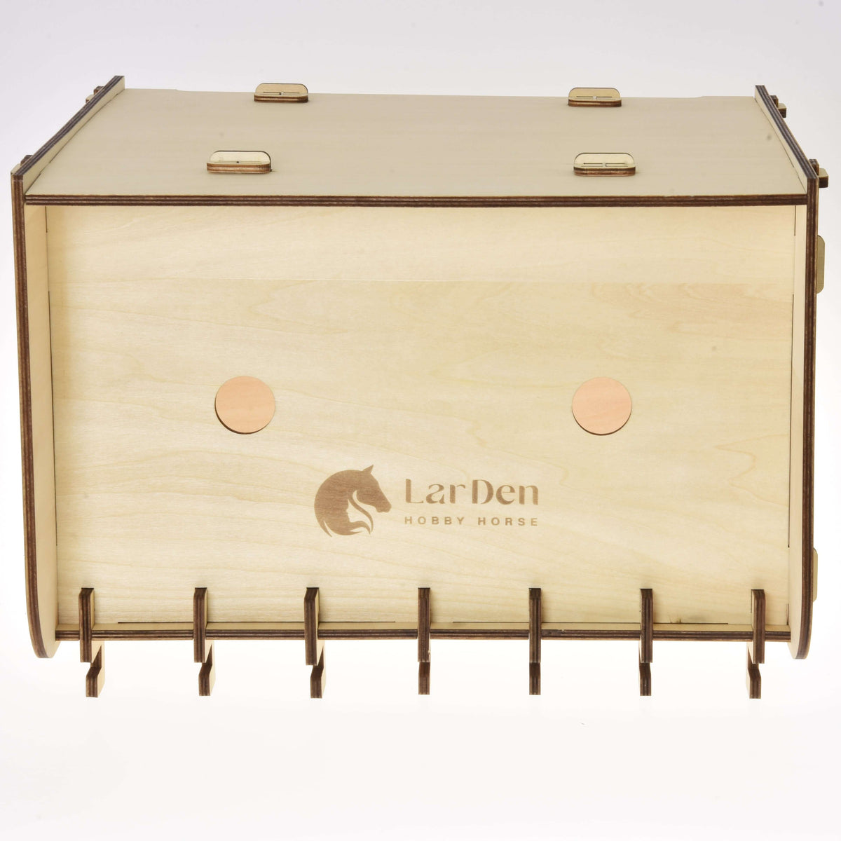 Stable for 2 Hobby Horses from above: two round holes and the engraved LarDen logo on the top, hooks along the edge