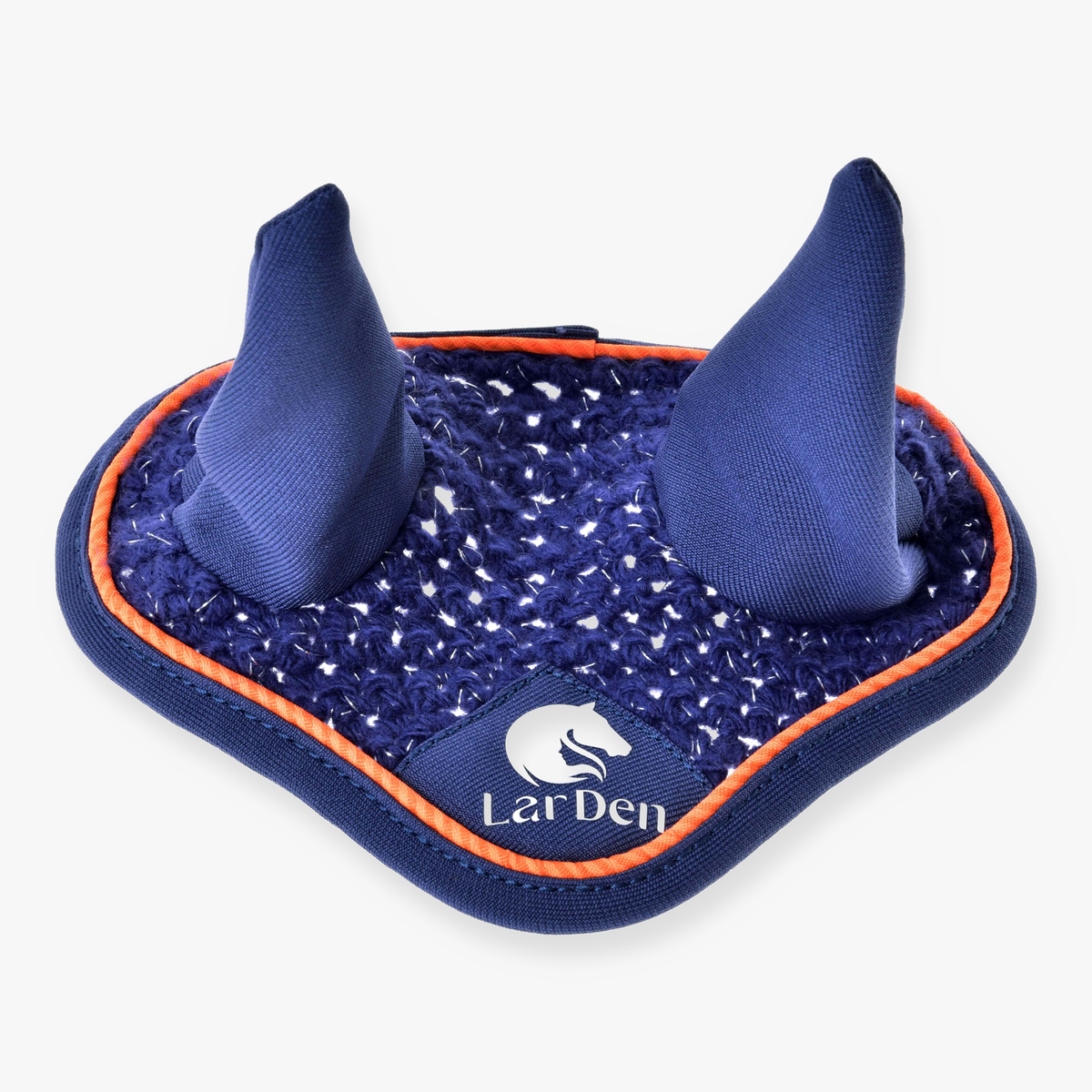 Hobby Horse naušniki kvačkani Blue Sport LarDen v temno modri barvi s srebrnim leskom, oranžnim paspulom in belim logotipom