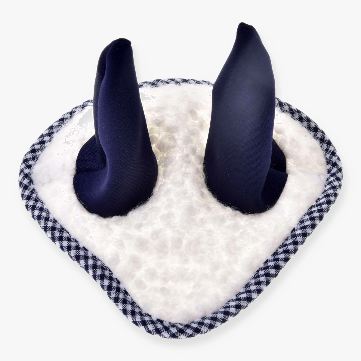 Hobby Horse Ear Bonnet Cube Blue by LarDen in white curly sherpa with navy ears and navy gingham trim