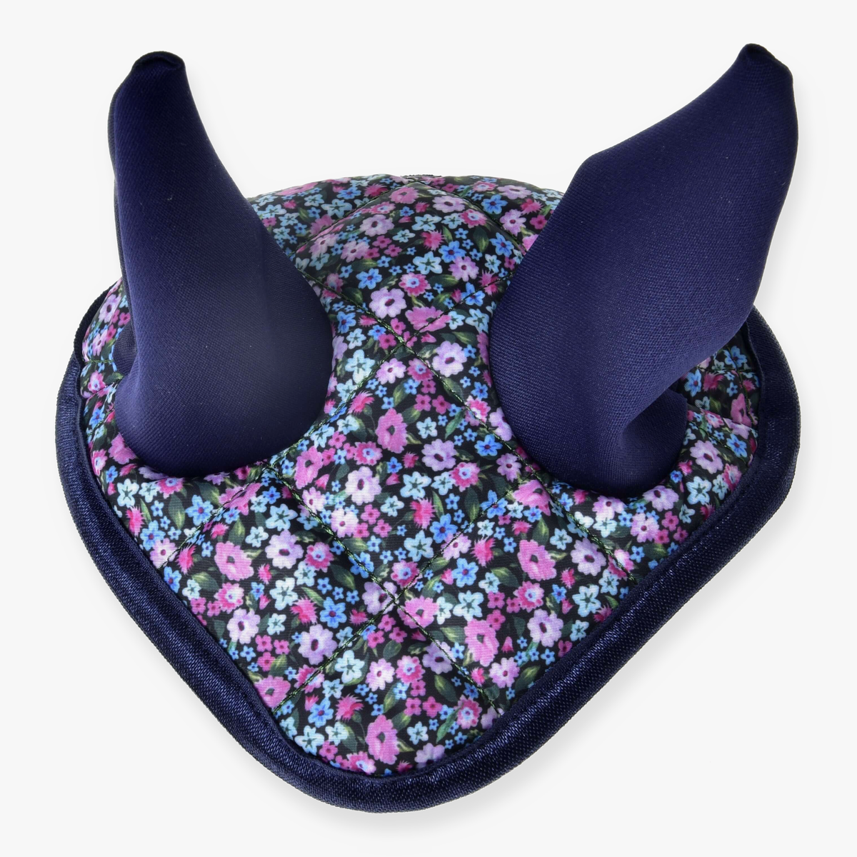 Hobby Horse naušniki Flower znamke LarDen s temno modrimi ušesi in prešitim zgornjim delom z drobnimi roza, vijoličnimi in modrimi cvetovi