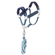 Hobby Horse Set LarDen Exclusive Blue: blue webbing halter with padded navy noseband and a braided blue lead rope
