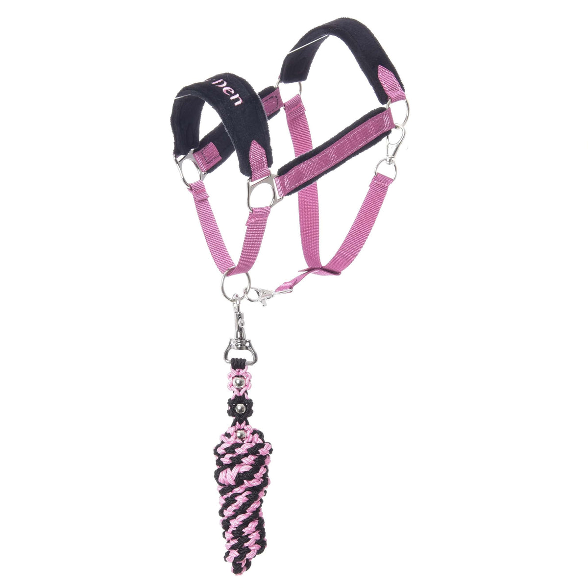 Hobby Horse komplet LarDen Exclusive Pink: roza oglavka iz traku z oblazinjenim črnim nosnikom in pleten roza-črn povodec