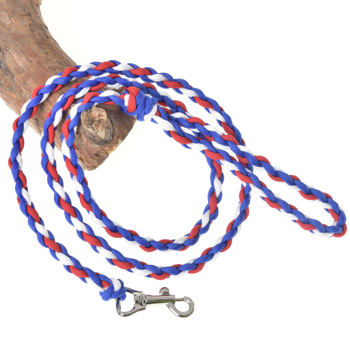 Hobby Horse povodec Flag CZ znamke LarDen: pleten modro-rdeče-bel povodec z zanko za roko in karabinom