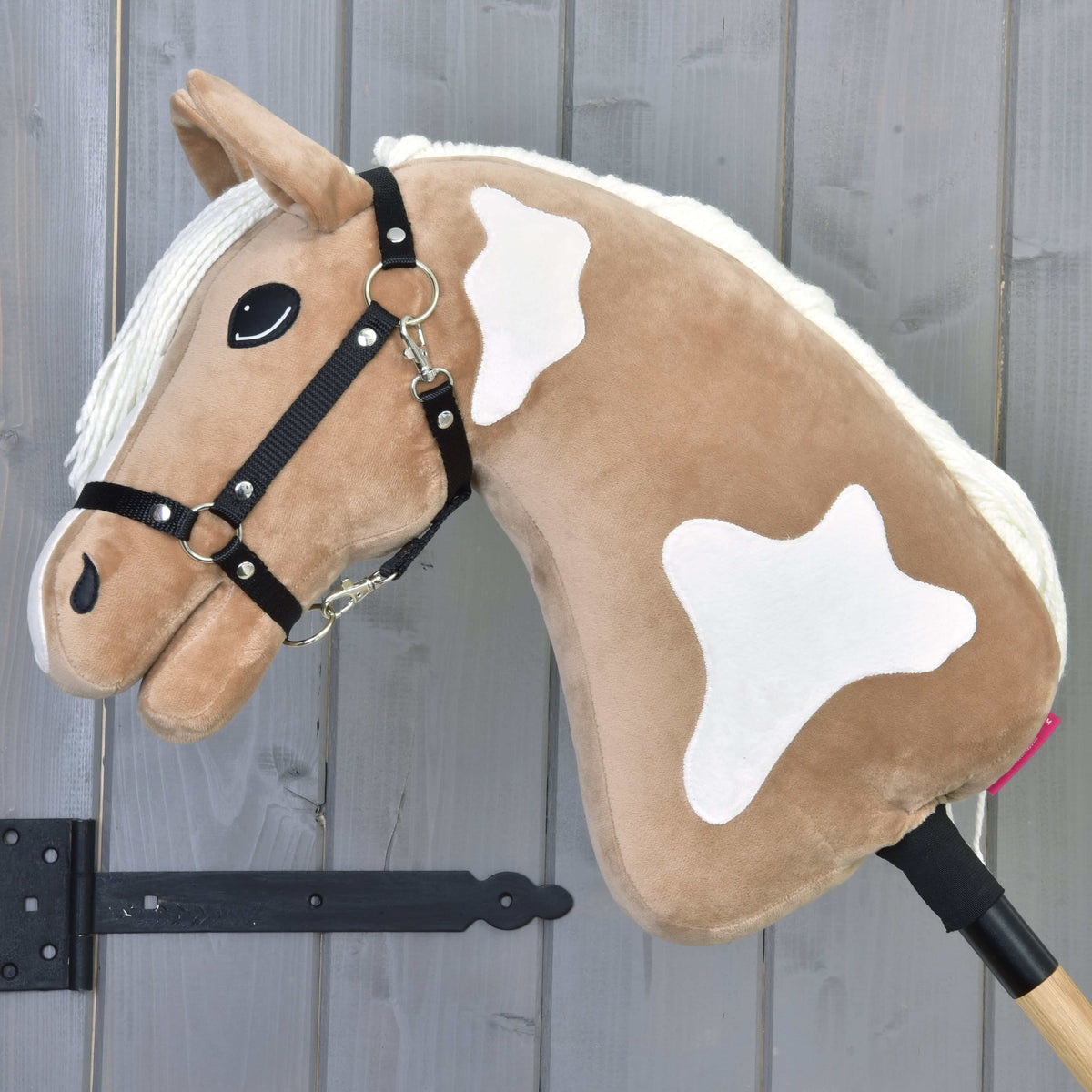 Hobby Horse Fury in left profile, showing the large white pinto patches on the tan neck and the black halter