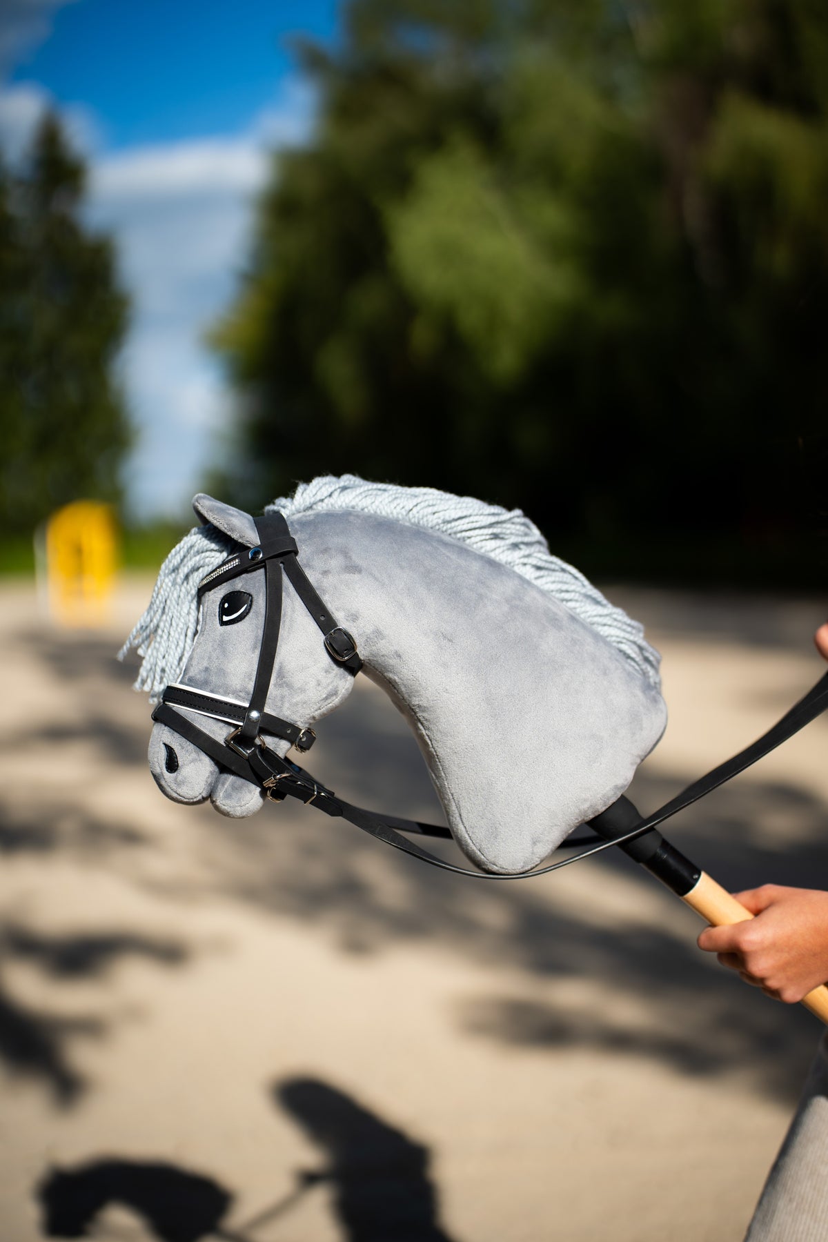 Hobby Horse Grace in a black bridle with a sparkly browband, noseband and reins, held up on a sunny sandy path