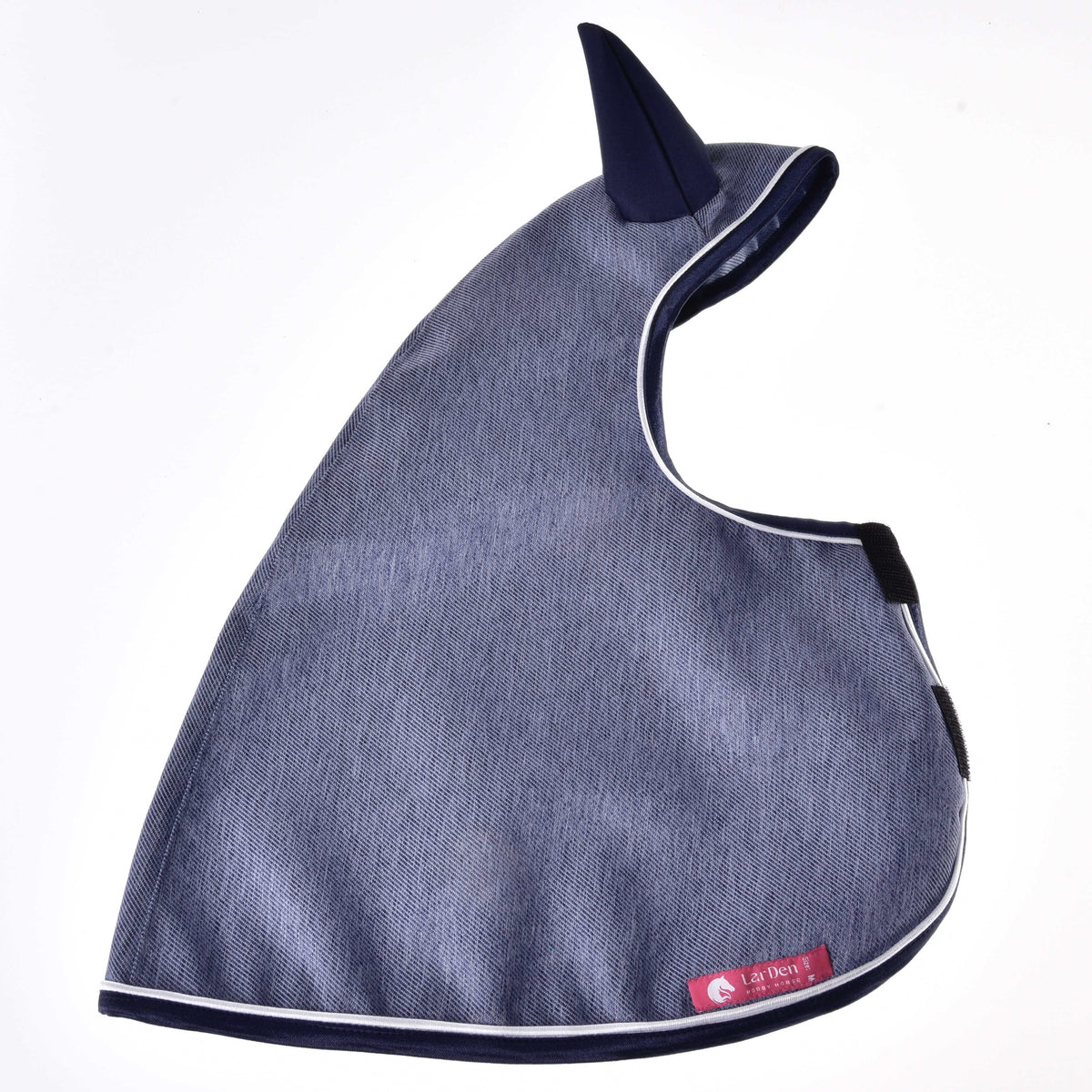 Raincoat Jeans laid flat, a hooded denim-look cover with a navy ear, white piping, chest fastening and a pink LarDen label