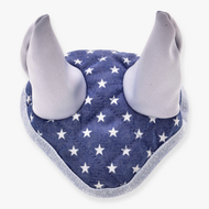 Hobby Horse Ear bonnet Star by LarDen, quilted denim blue with white stars, silver grey ears and a glittery edge