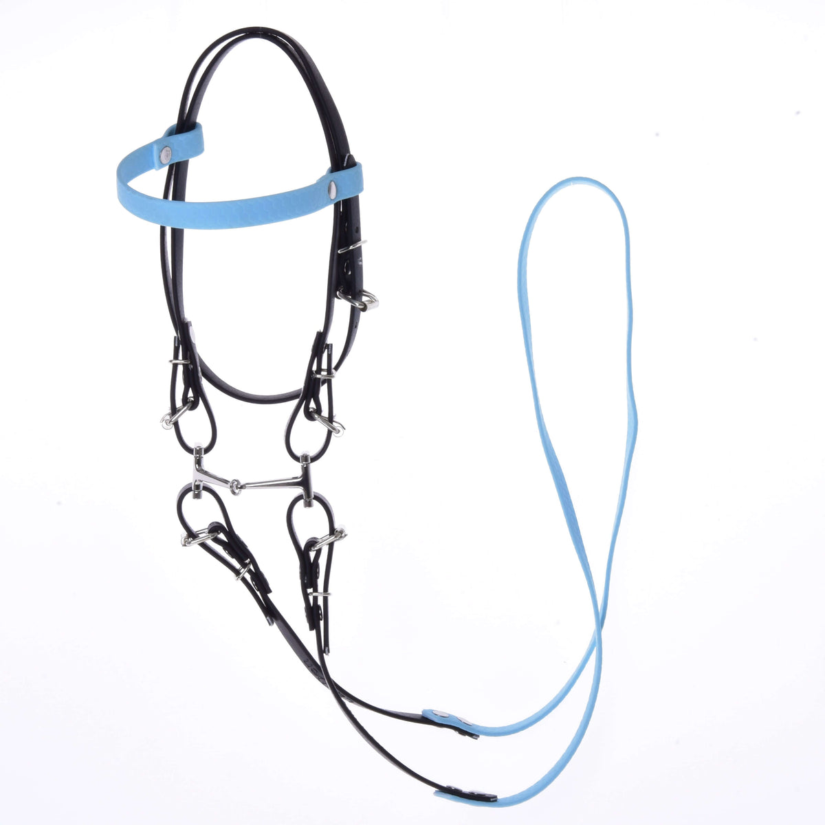 Black Hobby Horse bridle without noseband with light blue browband and reins and a silver bit on a white background