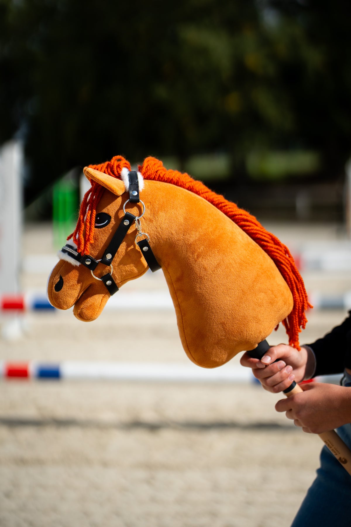 Hobby Horse konj Little Angel kostanjeve barve z oranžno grivo iz preje v črni oglavki z belim krznom, zadaj drogovi za ovire
