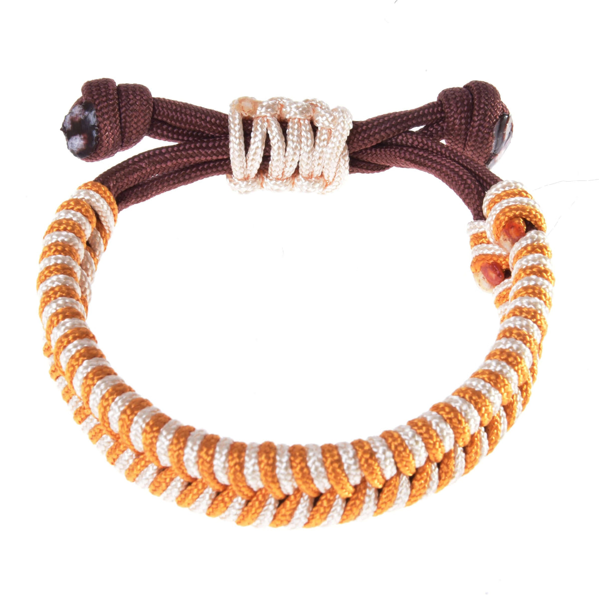 Hobby Horse Bracelet Orange by LarDen, braided orange and cream cord on a brown adjustable band with a cream sliding knot