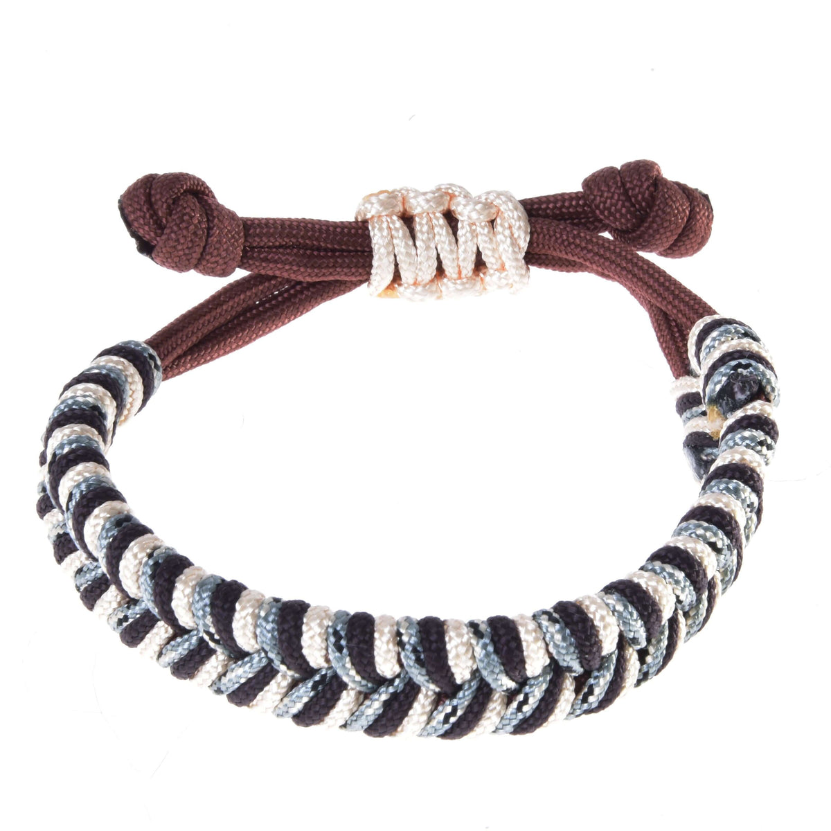 Hobby Horse Bracelet Chocolatte by LarDen, braided dark brown, cream and grey-blue cord with a brown adjustable band