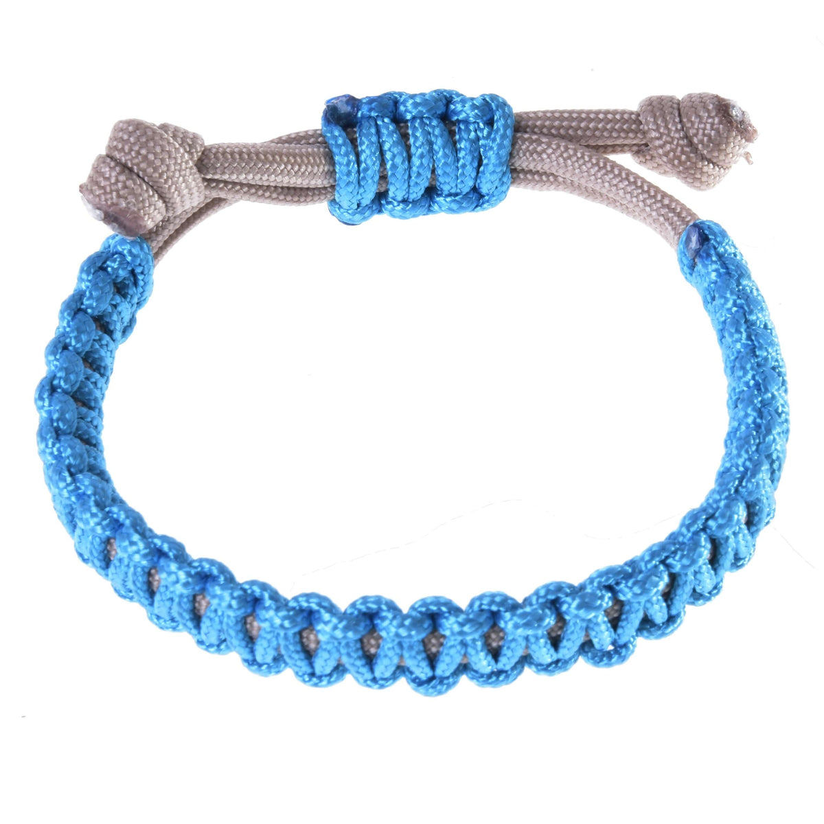 Hobby Horse Bracelet Nature Blue by LarDen, knotted sky blue cord on a beige adjustable band with a blue sliding knot