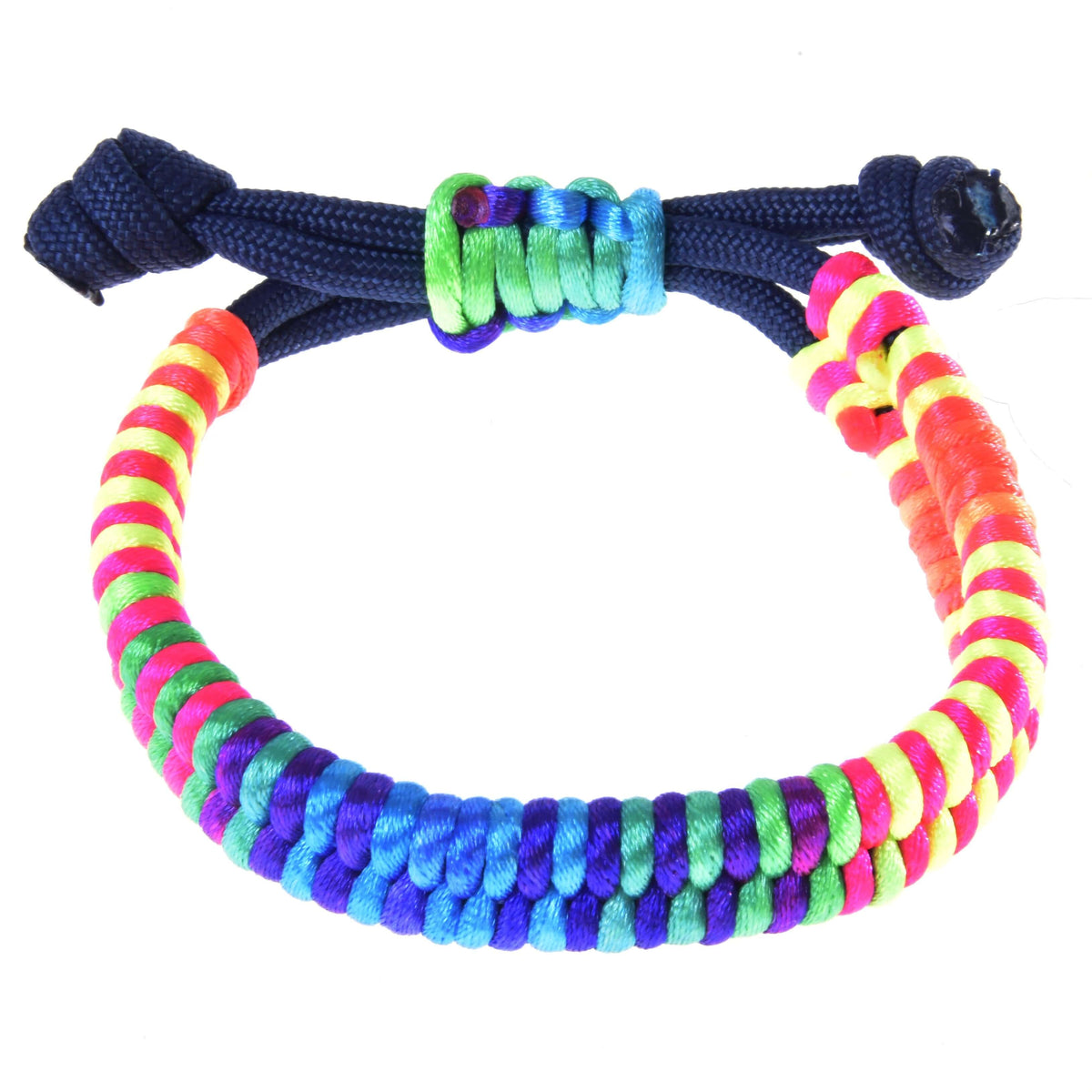 Hobby Horse Bracelet Rosemary by LarDen, braided neon rainbow cord on a navy adjustable band with a rainbow sliding knot