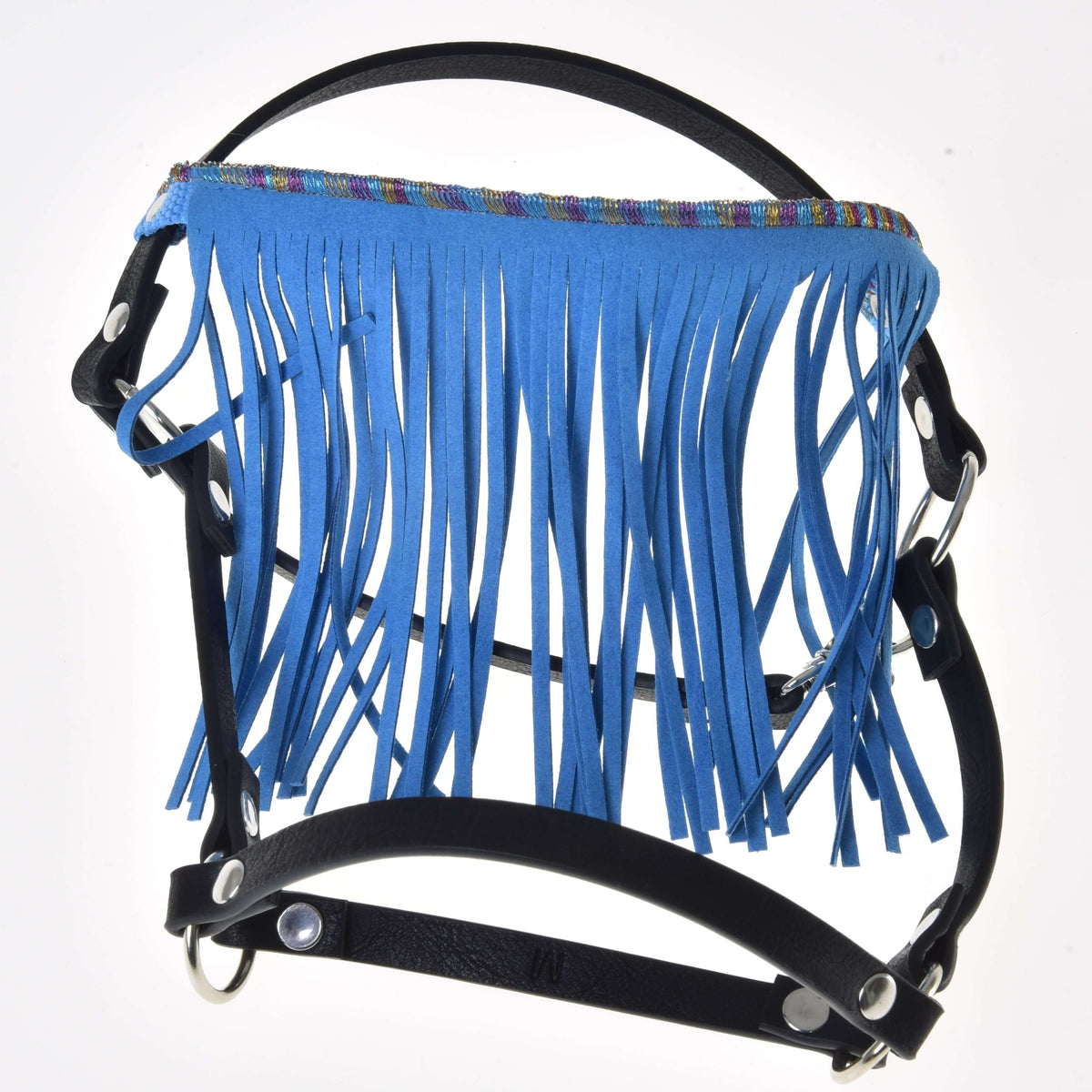Black leatherette halter with a bright blue fringe and a glittery woven band, shown on its own with silver rings