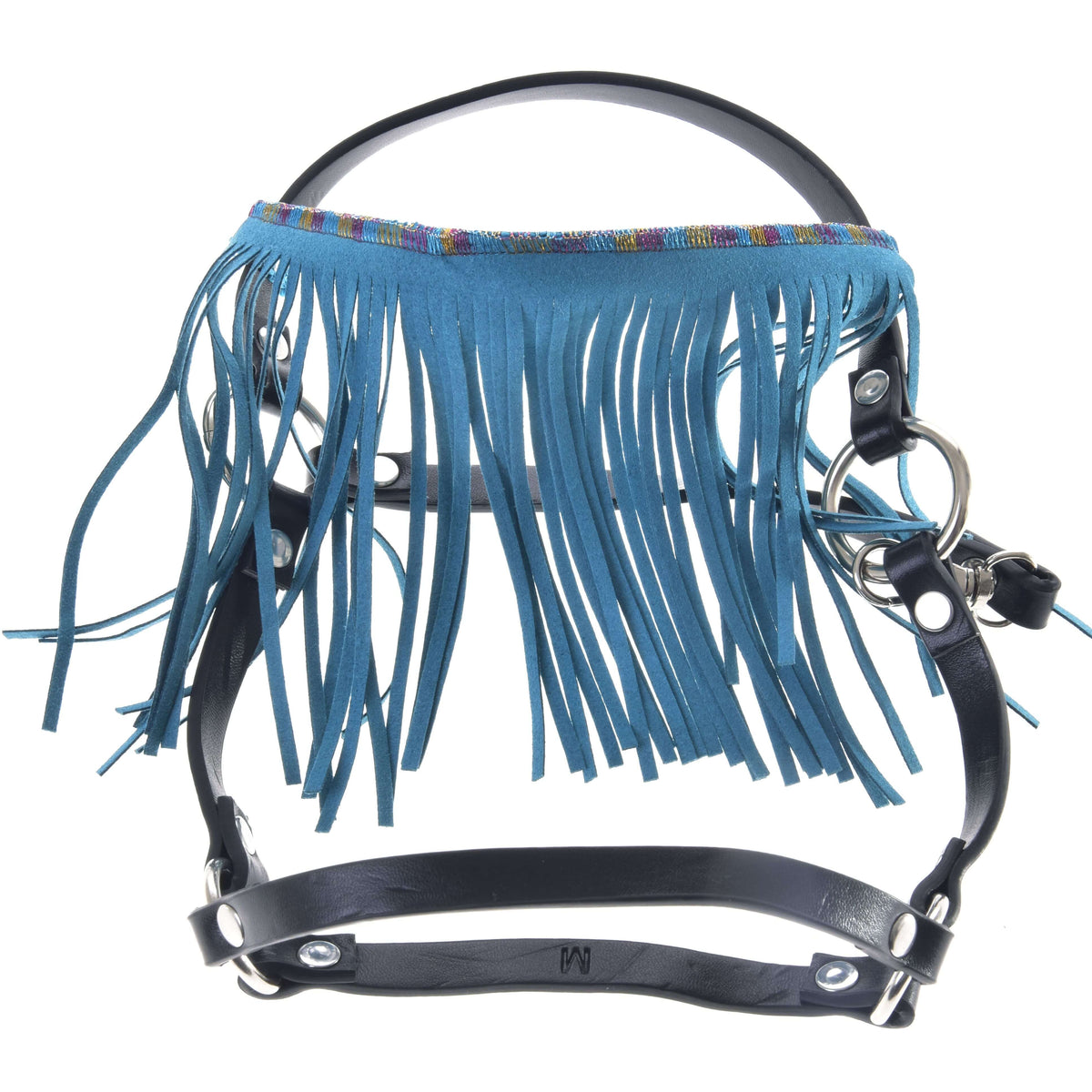 LarDen Hobby Horse Halter Black with Turquoise Fringes, black leatherette straps with silver rings and a long fringed browband