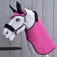 Grey Hobby Horse wearing the Set Pink Beauty: quilted pink blanket and ear bonnet with black ears plus a black fur halter
