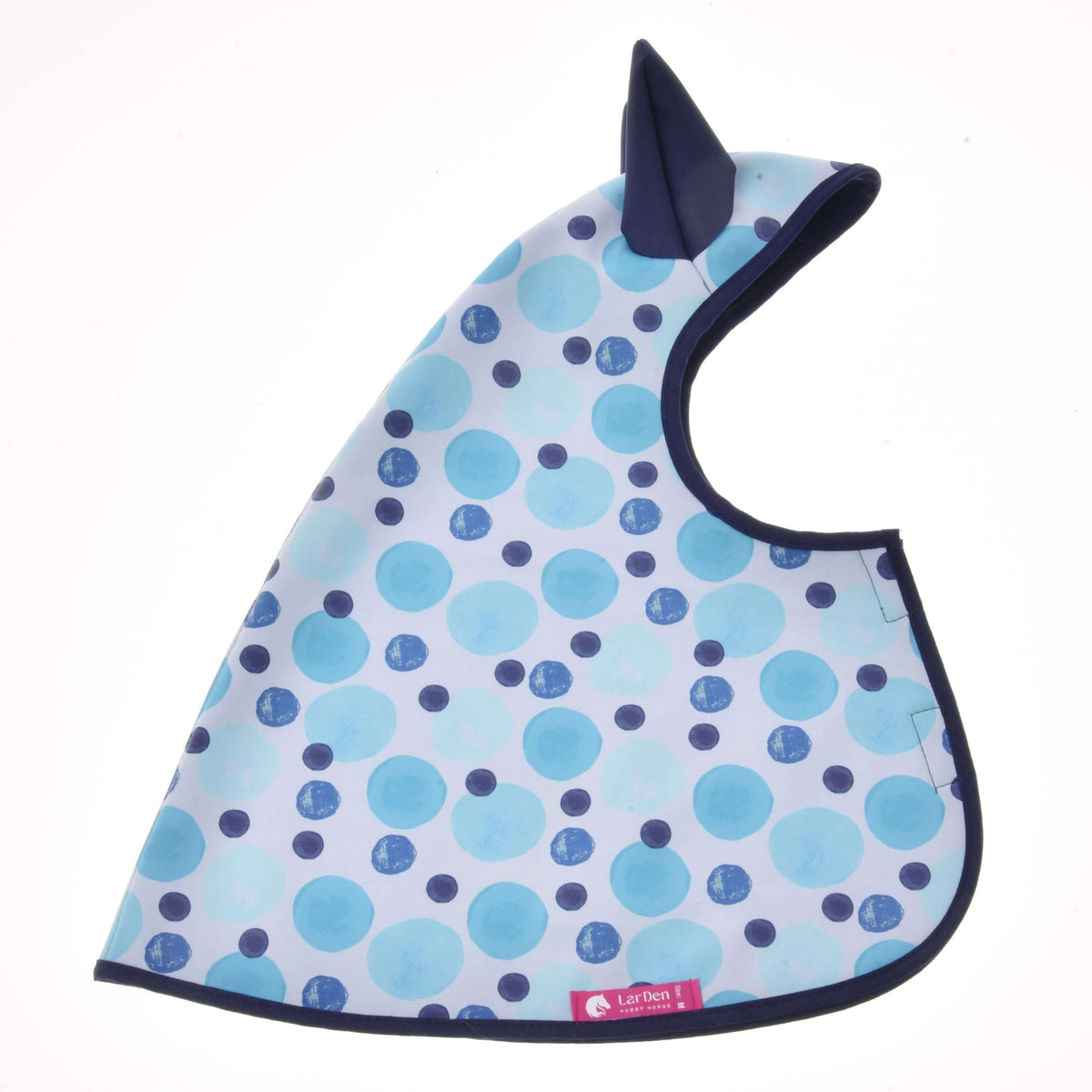 Raincoat Bubbles laid flat, a hooded cover with a navy ear, light blue and navy dot print and a pink LarDen label at the hem