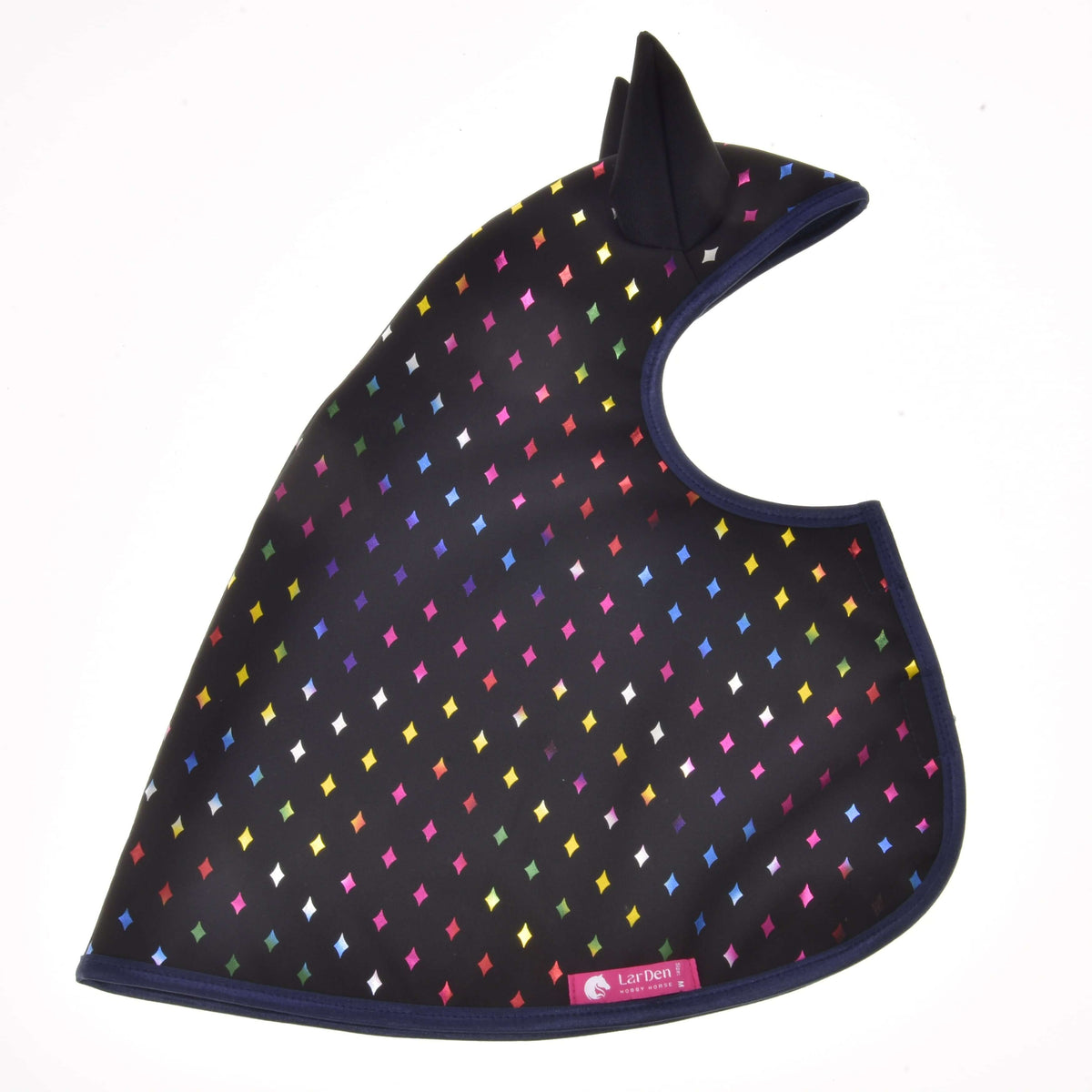 Raincoat Sparkling Queen laid flat, black with colourful foil diamonds, black ears, navy binding and a pink LarDen label