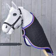 Grey Hobby Horse in a black halter wearing the black quilted travel rug with blue, red and white trim, three-quarter view