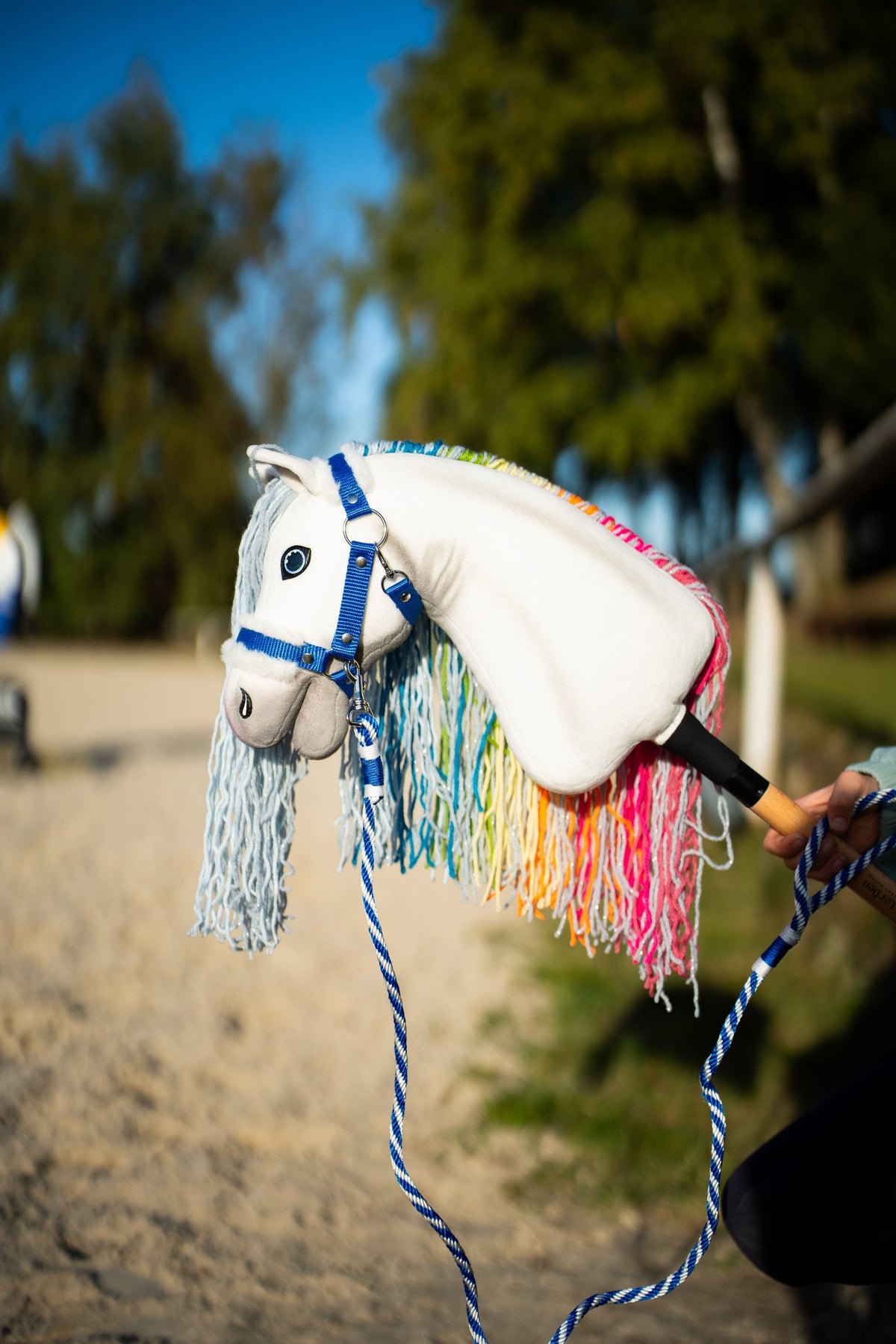 Bel Hobby Horse konj z dolgo mavrično grivo iz preje in modro oglavko na modro-belem črtastem povodcu na peščenem jahališču