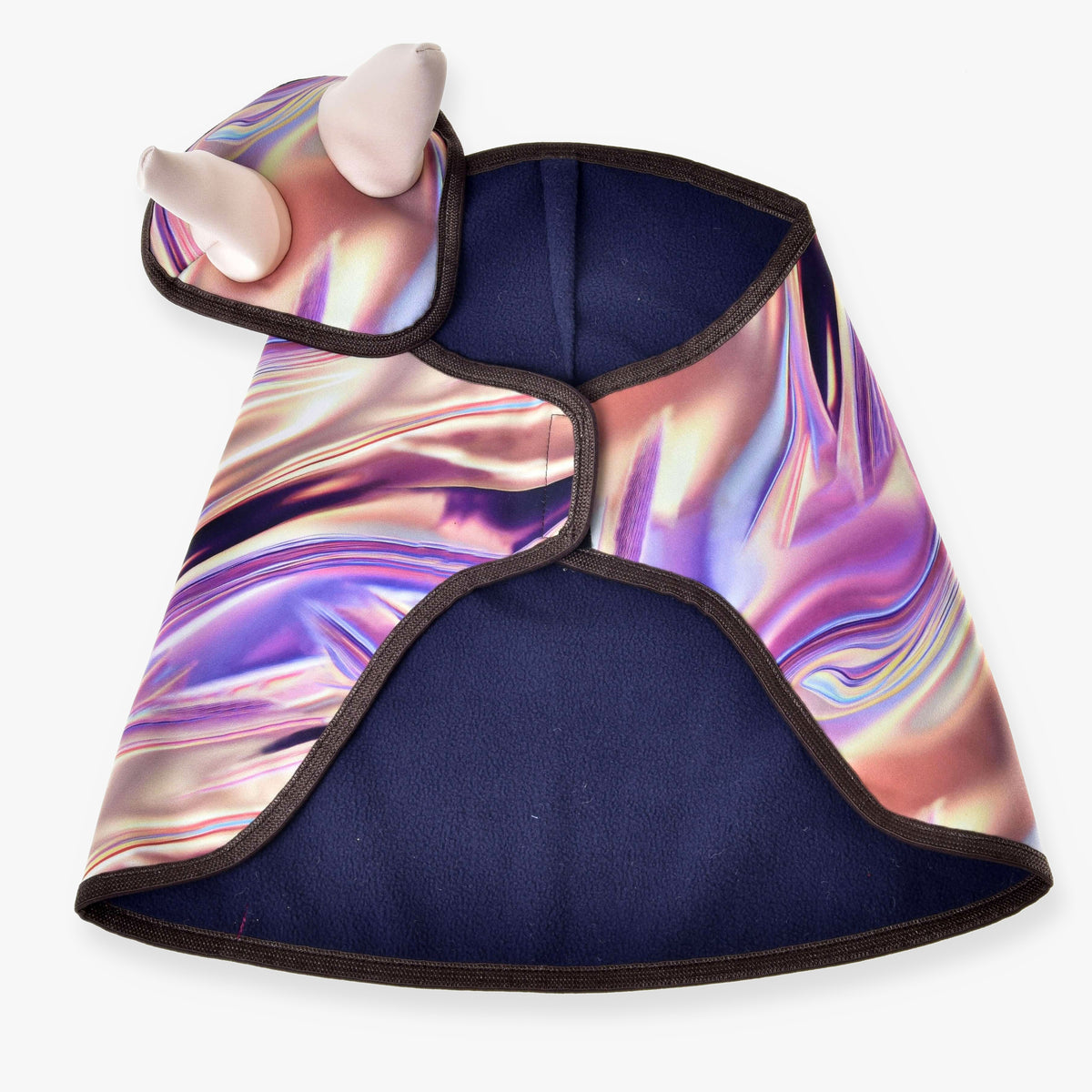 Hobby Horse Set Valery by LarDen, holographic purple and pink swirl blanket and ear bonnet with navy fleece lining