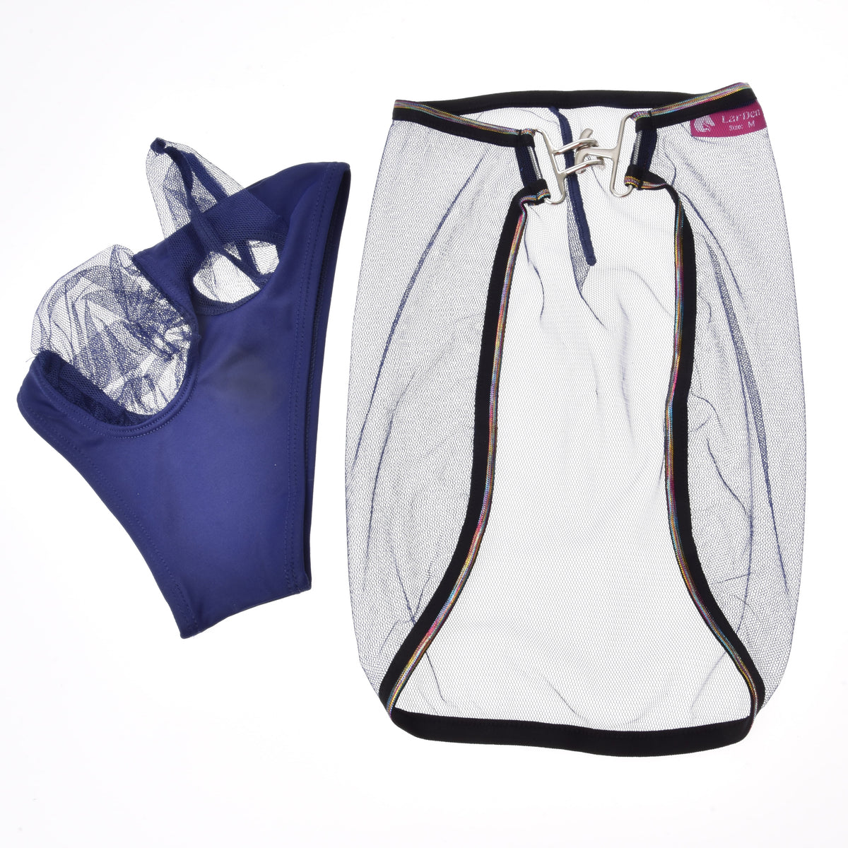 Hobby Horse Set Fly Combo by LarDen: navy fly mask with mesh eyes and ears and a fine mesh fly sheet with a chest clasp