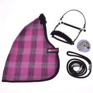 Hobby Horse Set Harmony Pink by LarDen: pink and black plaid blanket, black halter with black fleece, lead rope and sticker