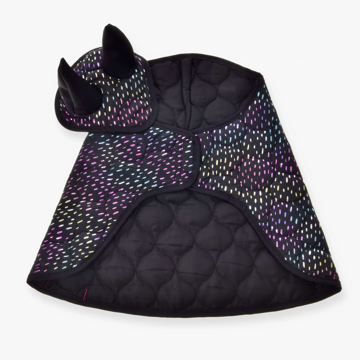 Hobby Horse Set Dreamy by LarDen: black quilted blanket and ear bonnet with iridescent rainbow dots and black ears